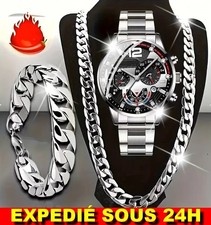 Montre Homme Quartz Acier Ensemble 3 Pièces Bracelet Collier Coffret Cadeau Luxe
