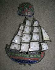 broche en argent / email maghreb berbere kabyle bateau 3 mats voiles gonflées TB