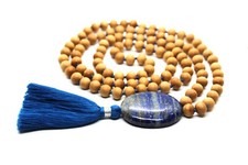 Blanc Bois de Santal Mala 108 + 1 Perle Lapis Lazuli Japa Chapelet Collier