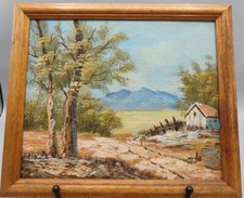 ?Peinture à l’huile sur bois, années 70, Paysage Maison Tableau signé