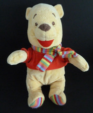 P. DOUDOU DISNEY WINNIE JAUNE ECHARPE RAYE GRELOT PULL ROUGE sans mouchoir TBE