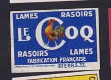 Ancienne étiquette  allumettes France BN155600 Rasoir Lame Le Coq Années 30