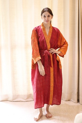 Robe longue kimono rouge-jaune