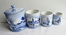 4 pots Art Déco, service à fumeur bleu Delft: moulin, voilier, port, pyrogène