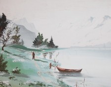 Tableau vintage à la gouache paysage lac