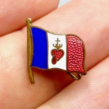 French Flag. Sacred Heart, Crown of Thorn. Antique Religious Enamel Brooch.
