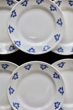 6 assiettes à dessert vintage faïence blanche - Décor cerises bleues