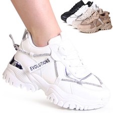 Chaussures Pour Femmes Sneakers Plateforme Brillantes À Talon Épais