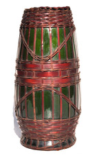 Vase Japonais Awaji en Faïence Émaillée Verte & Vannerie en osier - Fin XIXe