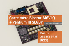 Carte mère Biostar M6VLQ + Pentium III SL6BY – RARE – Vintage socket 370