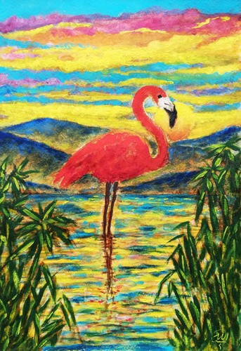 Peinture originale flamant