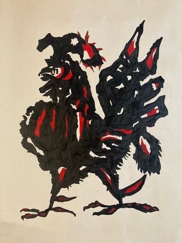 Beau dessin 1970 coq poule - coq,