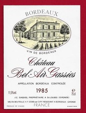 83/54bEtiquette Label BORDEAUX CHÂTEAU BEL-AIR GASSIES 1985, J GASSIES ST LOUBES