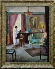 Huile sur toile art déco ,scène d'intérieur ,William Ablett