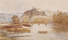 Dessin aquarelle tableau paysage ville fortifiée rivière village 19ème siècle 