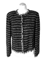 ST JOHN COUTURE JACKET BLACK/WHITE TEXTURED KNIT SILK FRINGES WOOL BLEND  14 NWO