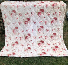 Antique French Cabbage Roses Hand Stitched Pink Boutis Quilt 1930s  6 x 6 ft