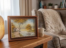 Peinture à l'huile Vintage "Automne au bord du Lac" signée "Monis" - Paysage