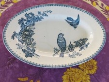 Plat Ovale ancien Faience de Longwy Modèle Mésange Décor Oiseaux Bleus 32cm