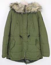 Replay Femmes Parka M Vert Doublé Fausse Fourrure Rembourré Éclair Snap À Veste