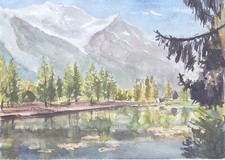 HUBERT GAUDIN Aquarelle Originale Paysage de Montagnes Lac Neige XXe #20