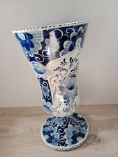 Vase A Fleurs Céramique. Décor Fleurs Bleu Delft Peint Main. Bequet. H