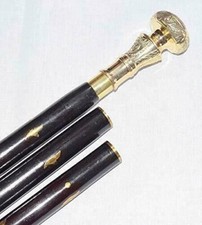 Canne bâton de marche en bois sculpté à la main poignée tête bouton laiton ne...