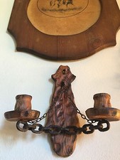 ANTIQUE CARVED WOOD & METAL CHAIN 2 TORCH STYLE CANDLE HOLDER WALL MOUNT!!.🔥🕯