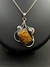 Ancien Pendentif En Argent Massif Avec Ambre