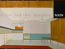 Belle Peinture Gouache Carton Intérieur 1950 Design Ancien Atelier Restaurant