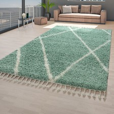 Tapis Poils Longs Vert Salon Scandinave Motif Losanges Shaggy Doux