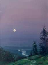 Tableau Original - Huile sur Toile – Paysage de Rivière au Crépuscule 33x24cm