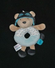 Peluche doudou ours Oscar SAUTHON Baby Déco bleu aviateur grelot 17 cm NEUF