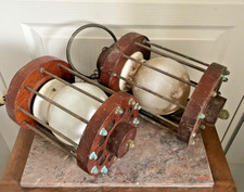 Ancien Paire de Lanterne Suspension Globe Blanc Bois Cage Métal