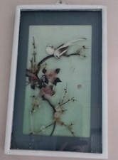 Ancien cadre panneau Chinois bois décor oiseaux à plumes