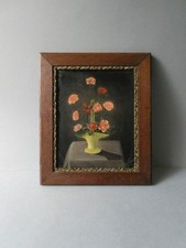 tableau, huile, paysage de montagne, champ de coquelicots, signé