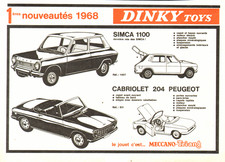 PUB  MINIATURE " DINKY TOYS "  SIMCA 1100 / CABRIOLET 204 PEUGEOT  1968