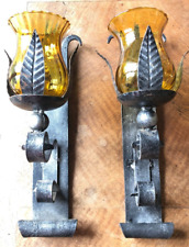 Paire appliques fer forgé électrifiée verre fumé orange décor fleur H 36 cm TBE.