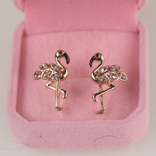 Boucles d'Oreilles Clous Puces Doré Rose Oiseau Grue Strass EH3