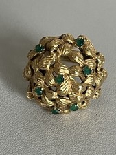 7027- Bague Boule Feuillage Or Jaune Emeraudes