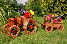 Tracteur Avec Remorque En Osier , Rotin, Paniers, Corbeille à Fleurs, Plantes