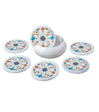 Marbre Coaster Set Demi Précieux Pierres Incrustation Floral Travail Art Fait