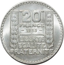 V2274 Rare 20 Francs Turin 1933 Argent Silver Fleur de Coin BU !!