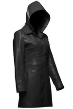 Manteau Trench En Cuir Noir Authentique Pour Femme En Agneau Avec Capuche