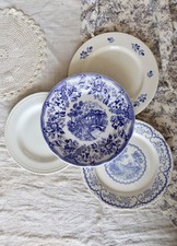 4 assiettes plates vintage dépareillées faïence bleue blanche - Lot Provence
