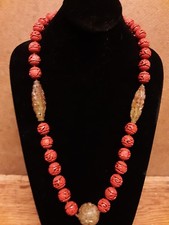 CHINESE CARVED CINNABAR SHOU BEAD, CARVED NEPHRITE JADE NECKLACE