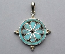 Antique (19th) Turquoise Pendant. Sterling Medal. Silver Jewelry. Gemstone.