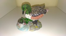 Figurine Bibelot Canard Col Vert Et Son Caneton Oiseau En Résine Peint À La Main