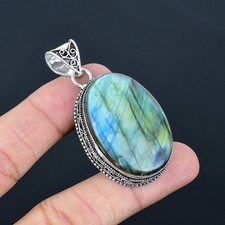 Pendentif vintage en argent sterling 925 pierre précieuse labradorite feu ble...