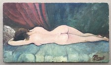 Tableau Huile Portrait Femme Nu Féminin Modèle allongé Rideau Rouge J. Perrault